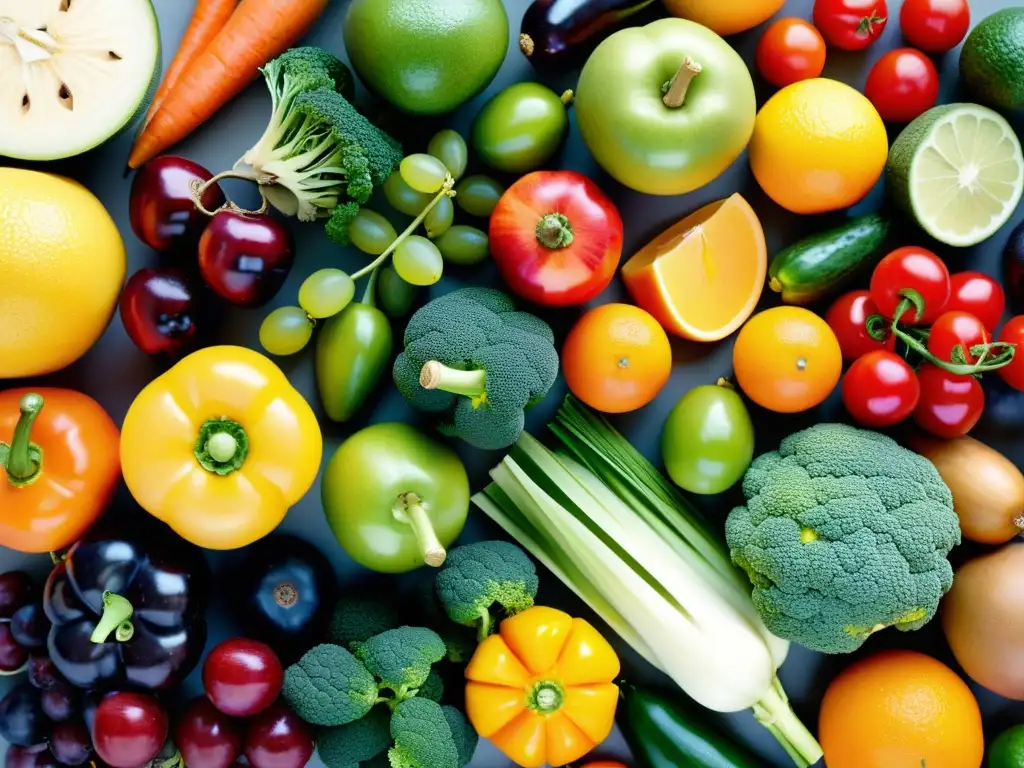 Una colorida variedad de frutas y verduras se superponen en un patrón artístico