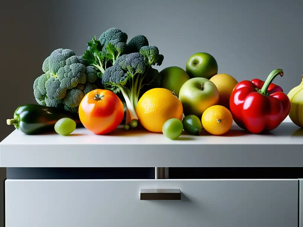 Una colorida variedad de frutas y verduras frescas en una cocina moderna