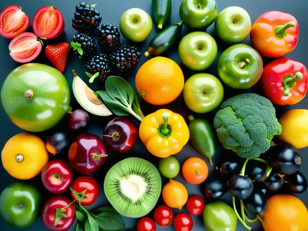 Una colorida y vibrante exhibición de frutas y verduras frescas, con gotas de agua resaltando su frescura