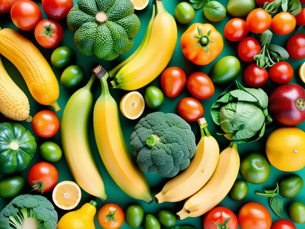 Un colorido y detallado montaje de frutas y verduras que potencian el sistema inmunológico humano, con una estética moderna y saludable