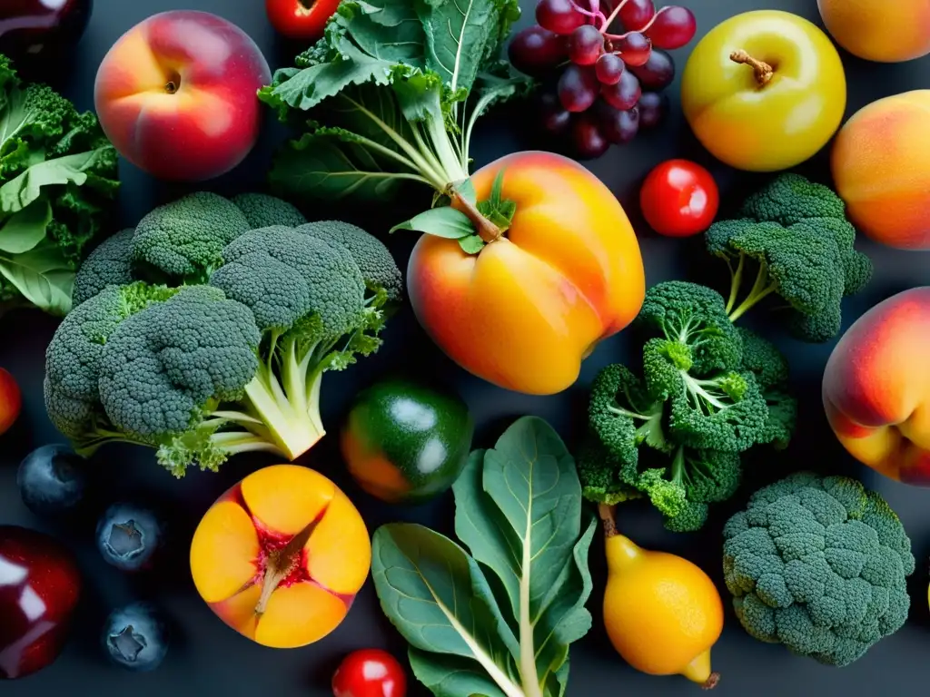 Combinaciones potenciadoras sistema inmunológico: Detalle colorido de frutas y verduras, texturas y patrones naturales