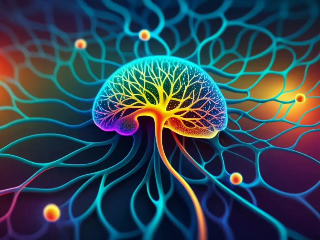 Compleja ilustración digital de redes neuronales artificiales entrelazadas con patrones intrincados, simulando la complejidad del cerebro humano