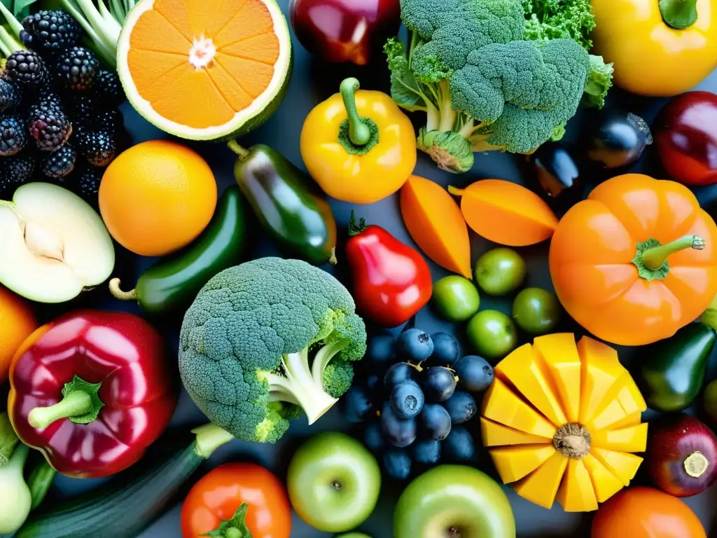 Una composición artística de frutas y verduras coloridas, promoviendo una alimentación para fortalecer sistema inmunológico