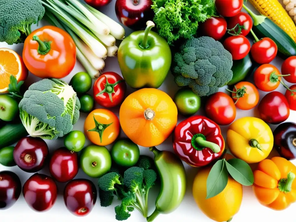 Una composición artística de frutas y verduras vibrantes en un fondo blanco, irradiando frescura y vitalidad