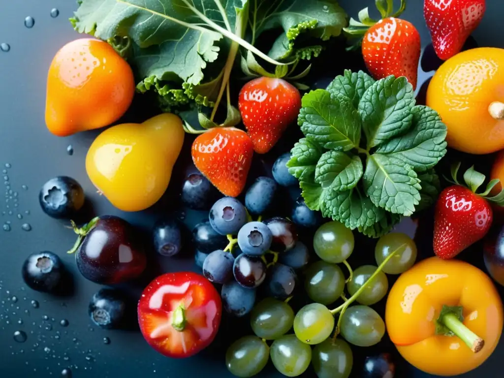 Una composición artística de frutas y verduras frescas, con colores vibrantes y gotas de agua