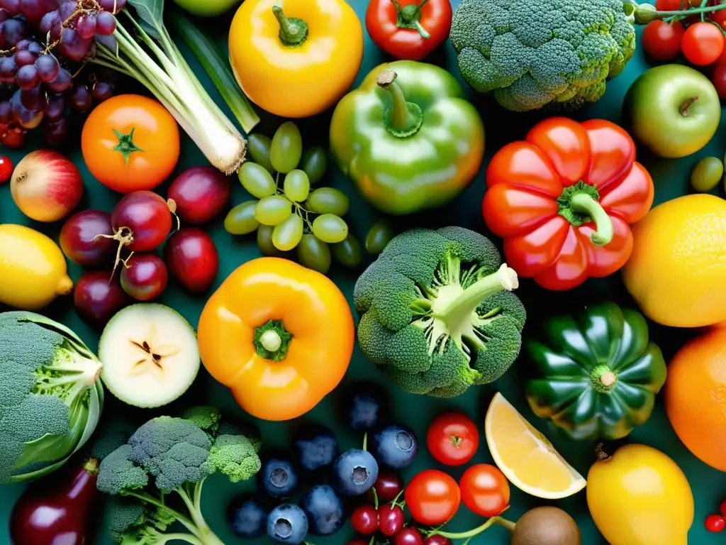 Una composición artística de frutas y verduras coloridas que exudan frescura y abundancia, promoviendo la nutrición para enfermedades autoinmunes