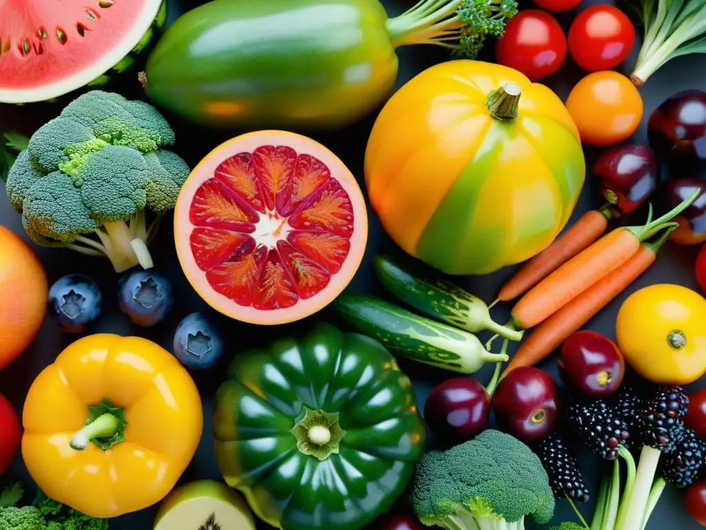 Una composición artística de frutas y verduras frescas, vibrantes y coloridas, evocando abundancia y vitalidad