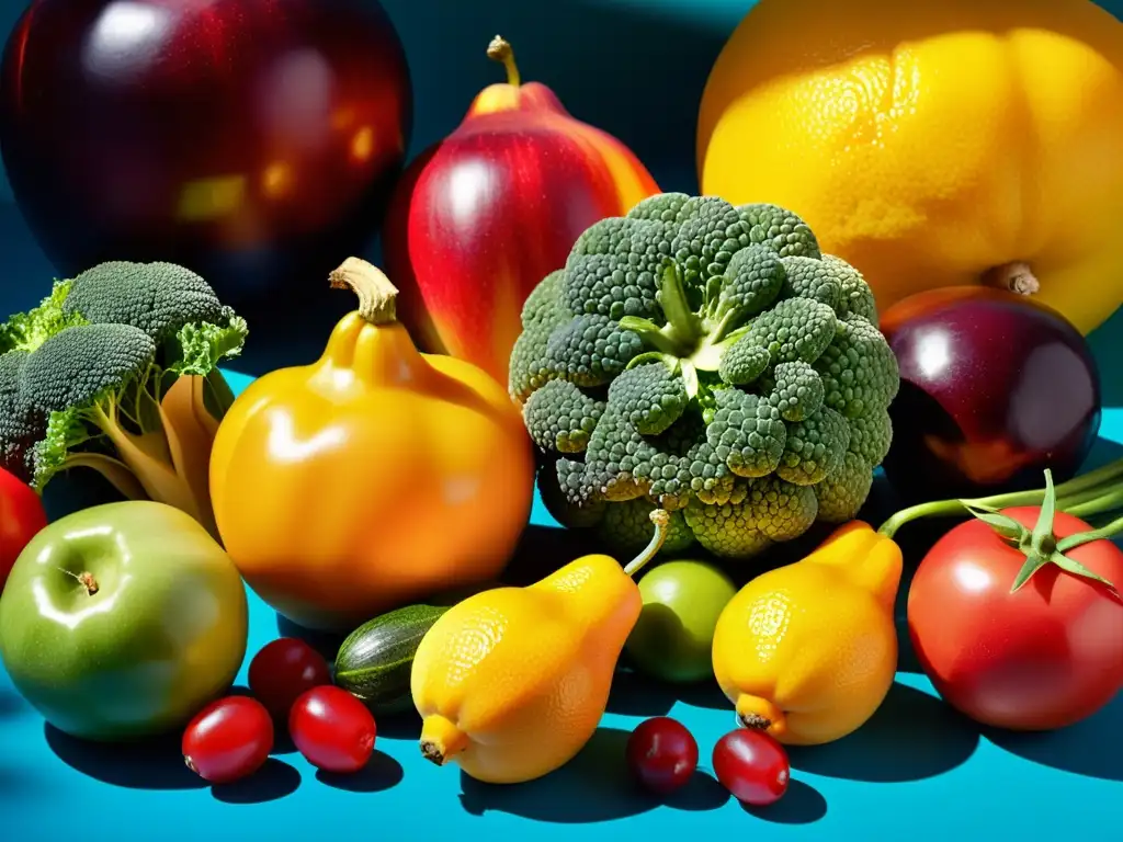 Una composición artística de frutas y verduras, integrando el manejo nutricional de intolerancias alimentarias en la vida diaria