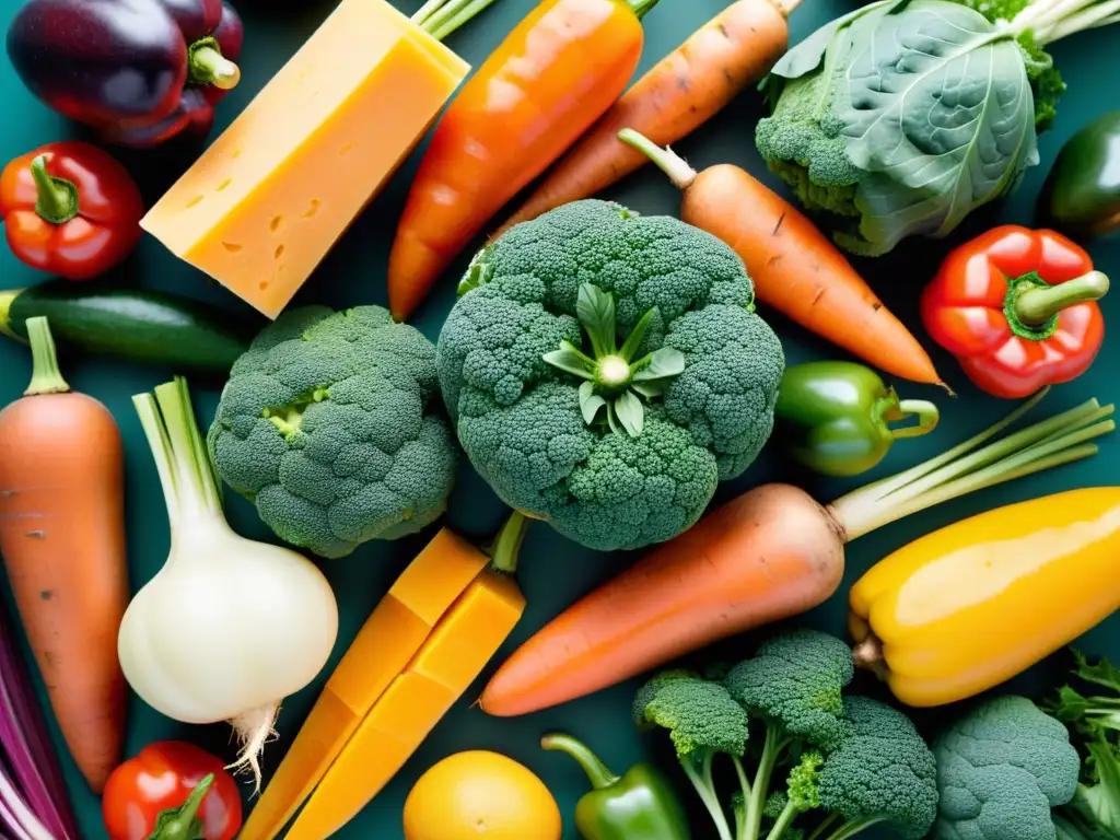 Una composición colorida de frutas y verduras ricas en carotenoides, con detalles nítidos y texturas vibrantes