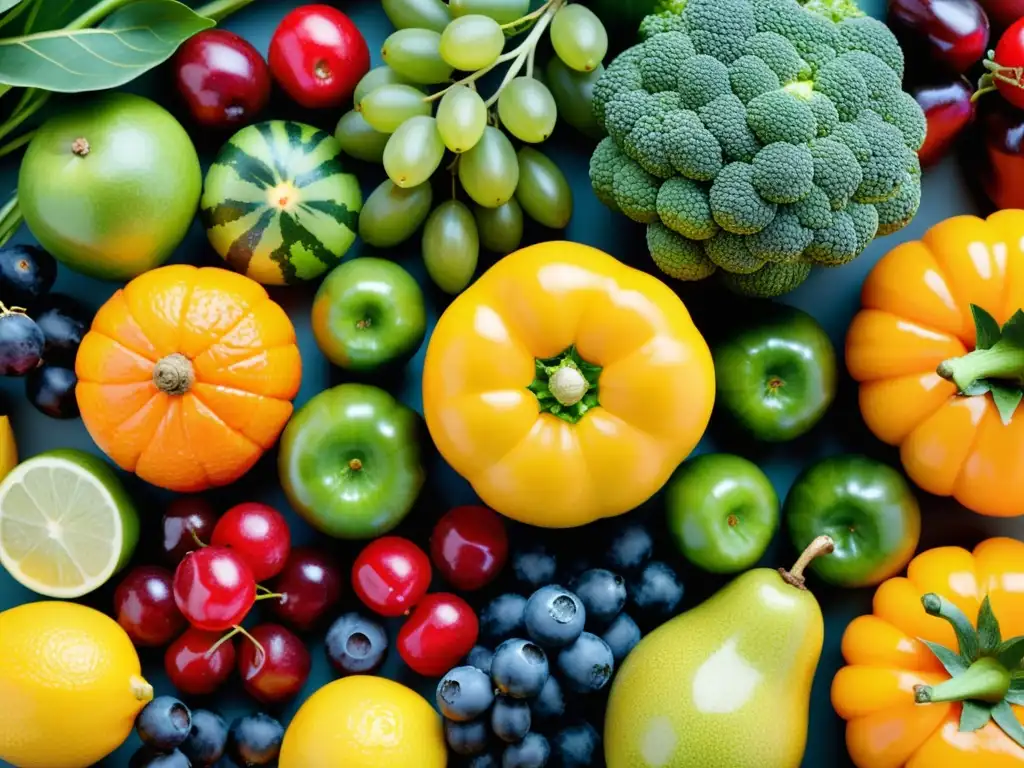 Una composición detallada de frutas y verduras coloridas, resaltando la importancia del equilibrio para el sistema inmunológico