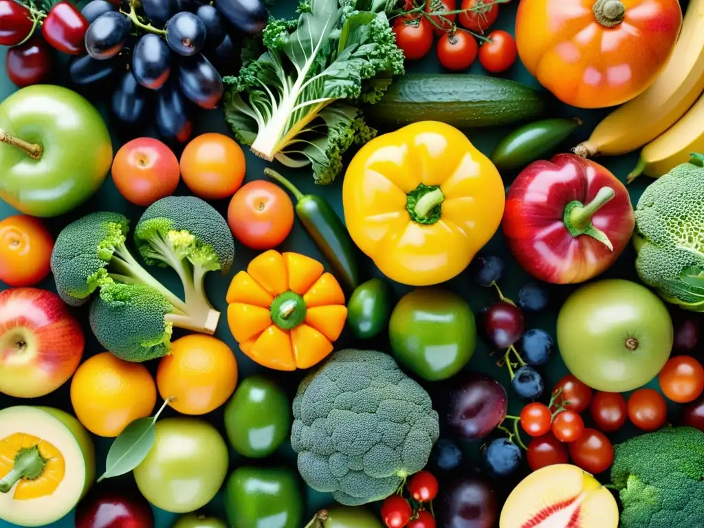 Una composición detallada de frutas y verduras coloridas, resaltando su frescura y vitalidad