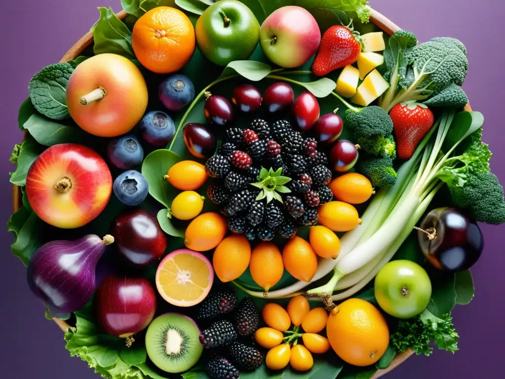 Una composición circular de frutas y vegetales coloridos con detalles meticulosos, exudando frescura y vitalidad