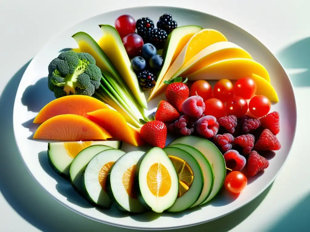 Una composición de frutas y verduras coloridas en un plato blanco moderno