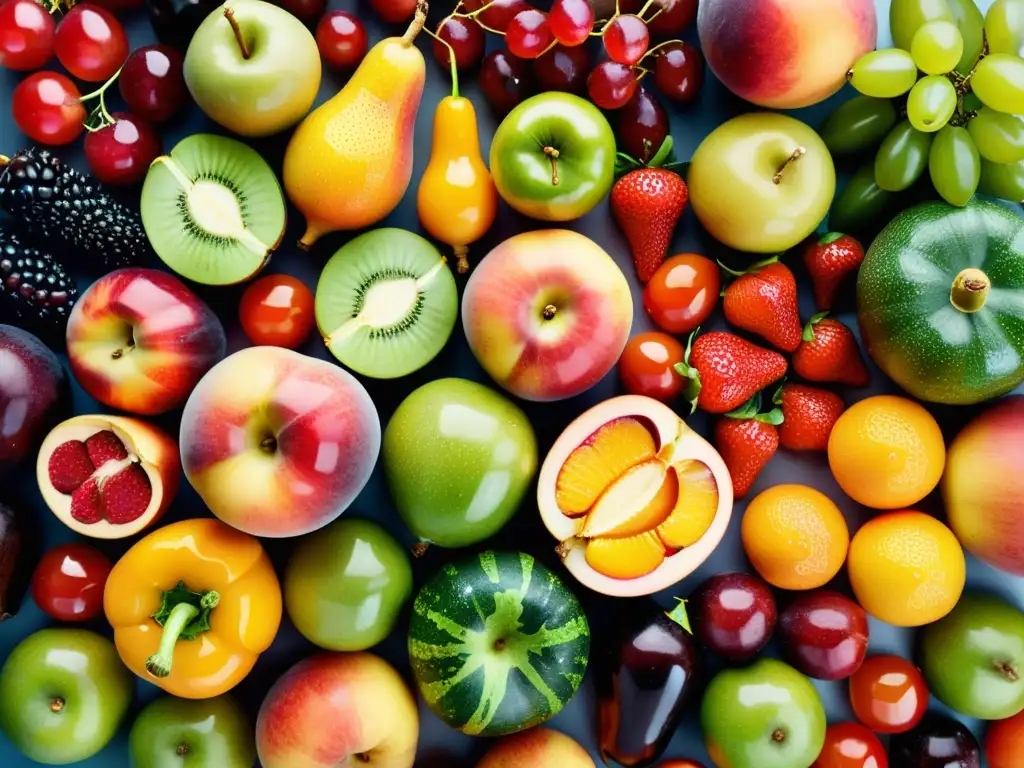 Una composición de frutas y verduras frescas, con colores vibrantes y detalles sorprendentes, resaltando la importancia de la nutrición inmunitaria