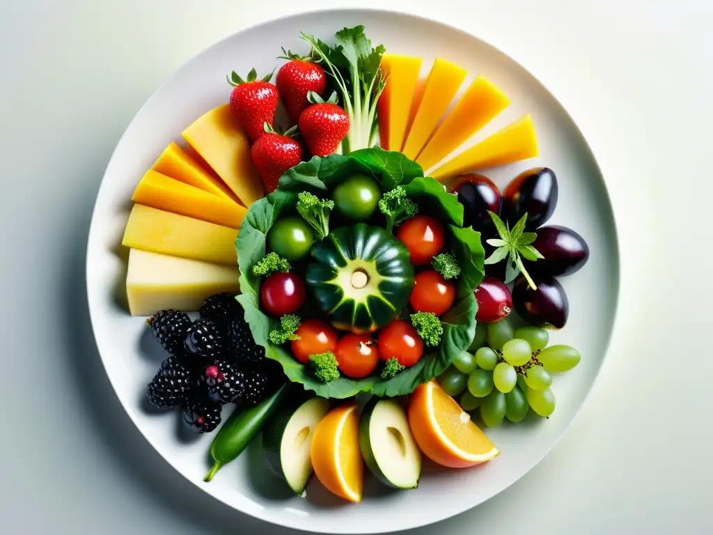 Una composición de frutas y verduras vibrantes en un plato blanco, destacando su frescura y variedad