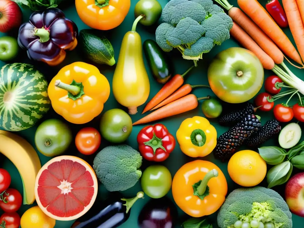 Una composición de frutas y verduras vibrantes y frescas que potencian el sistema inmunológico