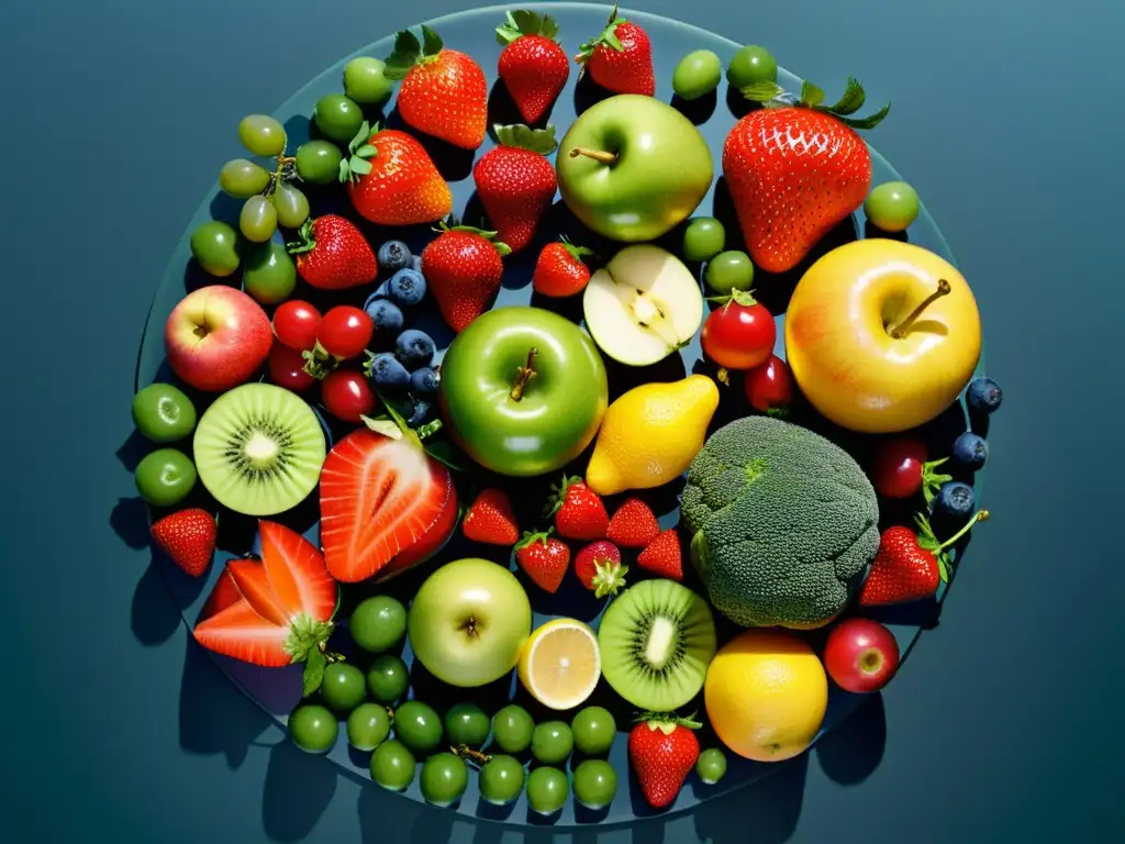 Una composición circular de frutas y verduras vibrantes, con detalles nítidos y colores vivos