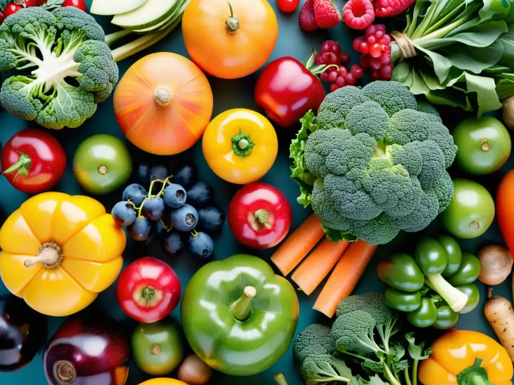 Una composición visualmente impactante de frutas, verduras y bayas frescas que inspira vitalidad y salud