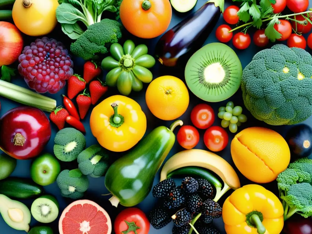 Una composición visualmente impactante de frutas y verduras, resaltando los beneficios combinados probióticos prebióticos