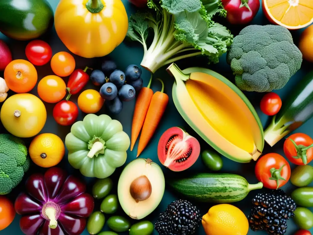 Una composición visualmente impactante de frutas y verduras coloridas, resaltando la diversidad de alimentos nutritivos