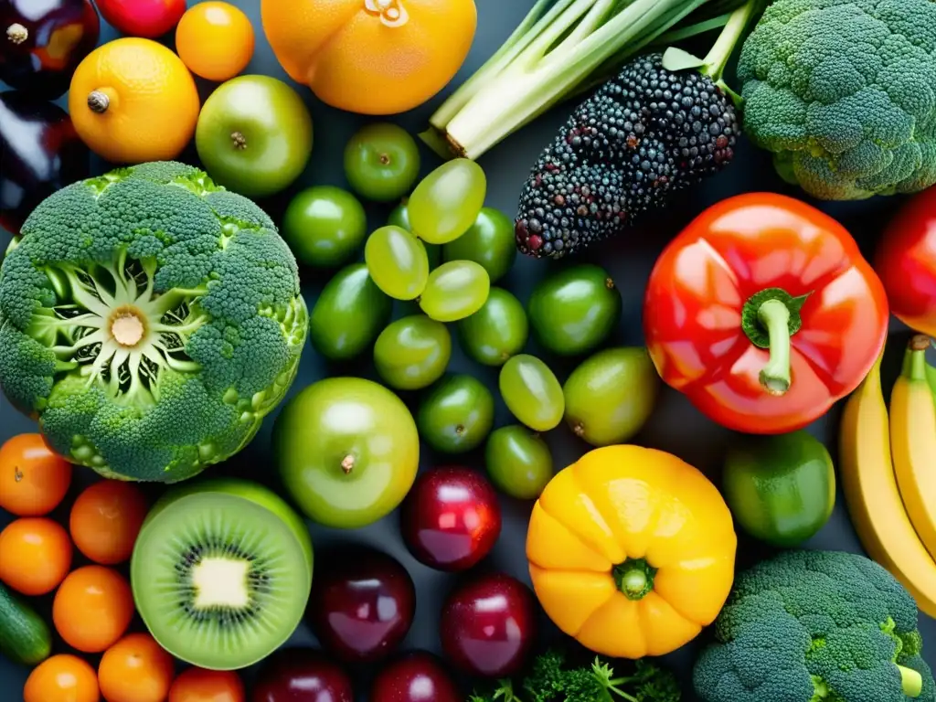 Una composición visualmente impactante de frutas y verduras coloridas, resaltando la frescura y diversidad