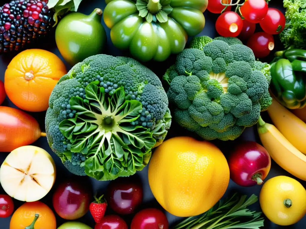 Una composición impactante de frutas y verduras frescas, evocando vitalidad y nutrición para la respuesta inmunitaria