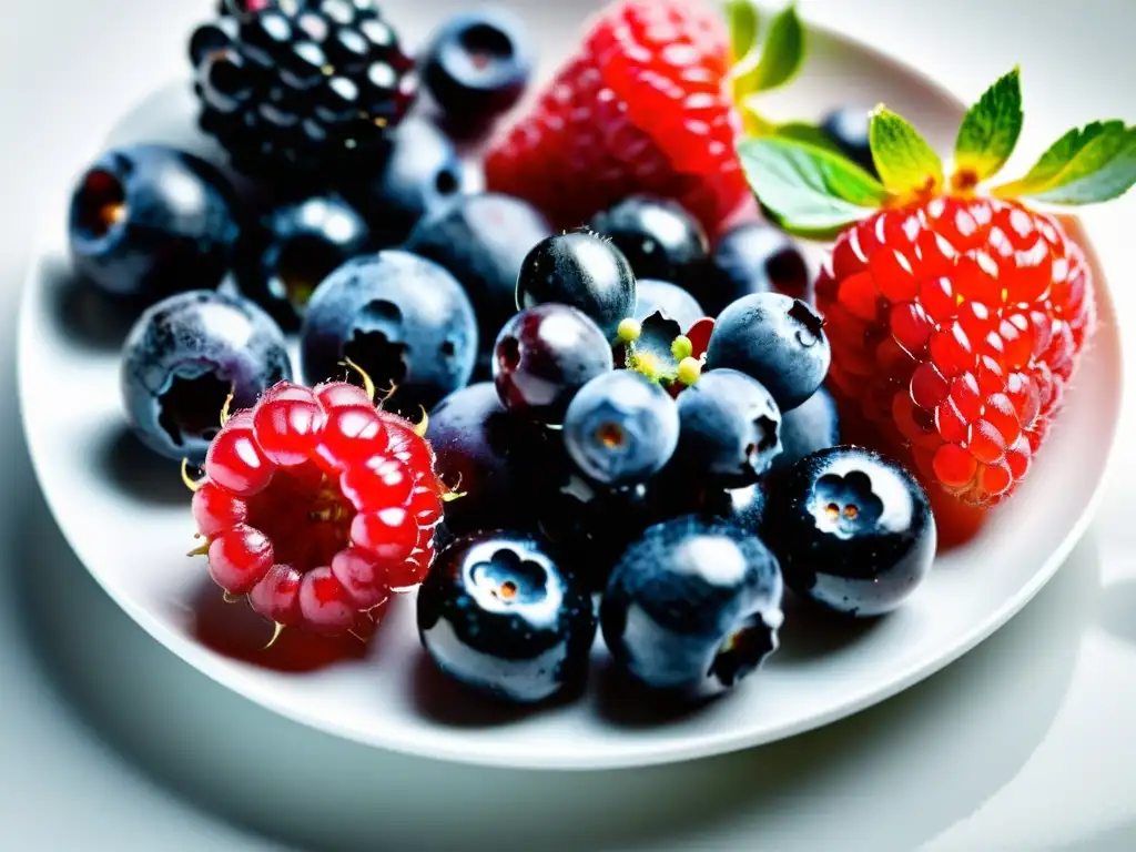 Una composición visualmente impactante de bayas maduras y brillantes en un plato blanco, resaltando sus propiedades antioxidantes naturales