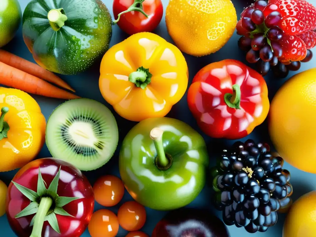 Una composición visualmente impresionante de frutas y verduras frescas, destacando la importancia de la nutrición inmunitaria