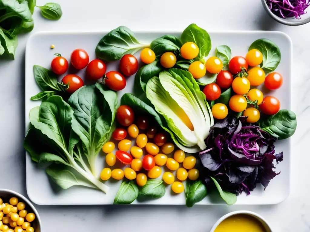 Una composición de ingredientes frescos para ensaladas, resaltando colores y texturas