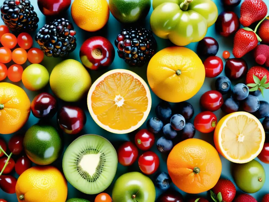 Una composición simétrica de frutas y verduras coloridas, reflejando la diversidad y vitalidad de la nutrición para fortalecer sistema inmunológico