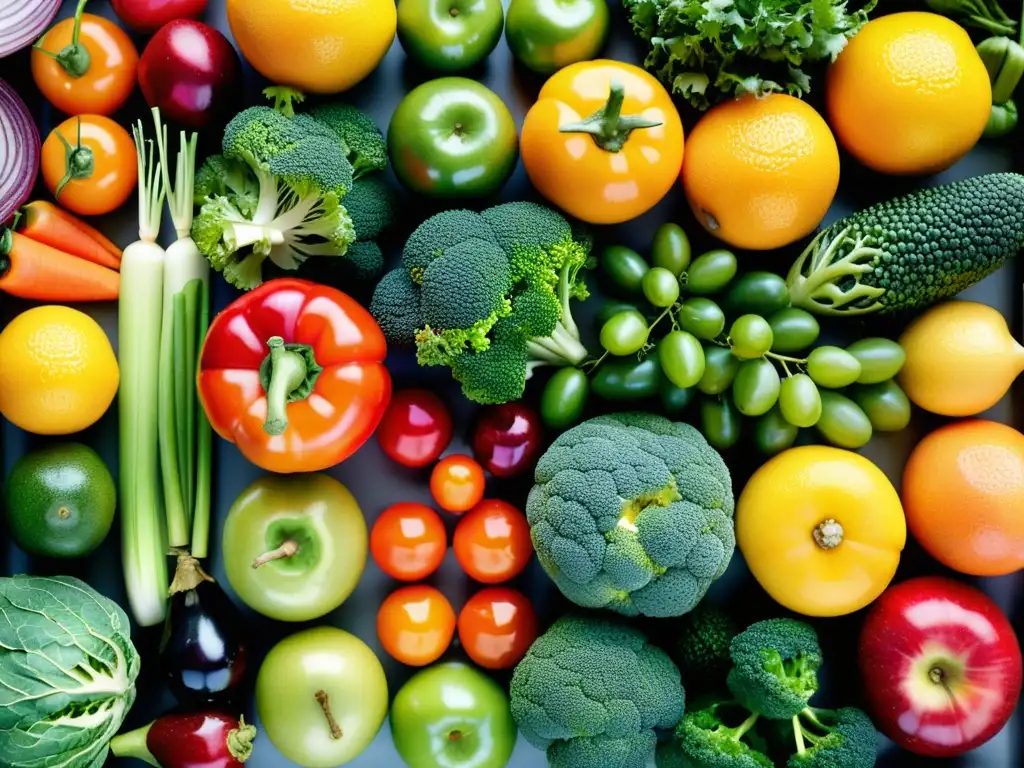 Una composición simétrica de frutas y verduras frescas, con colores vibrantes y texturas variadas