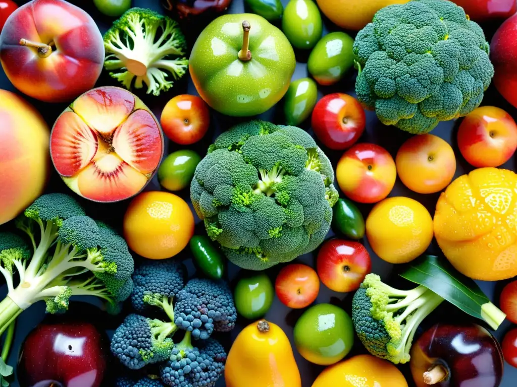 Una composición simétrica de frutas y verduras frescas y coloridas, con gotas de agua brillantes