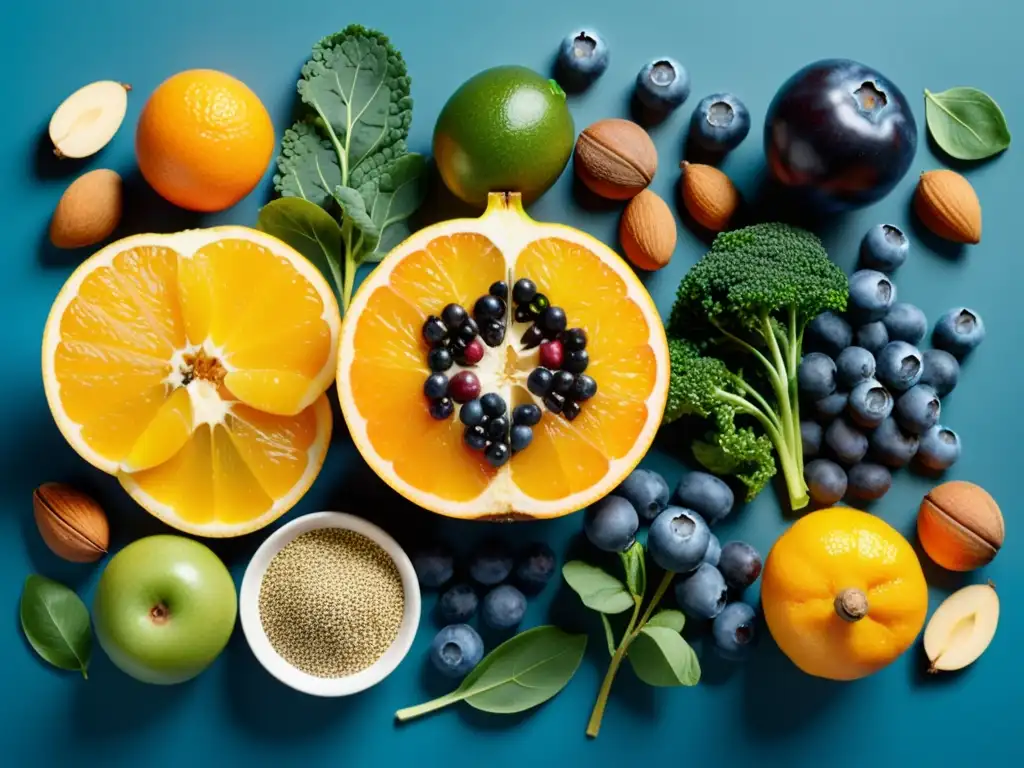 Una composición simétrica de frutas, verduras, frutos secos y semillas, con colores vibrantes y texturas variadas