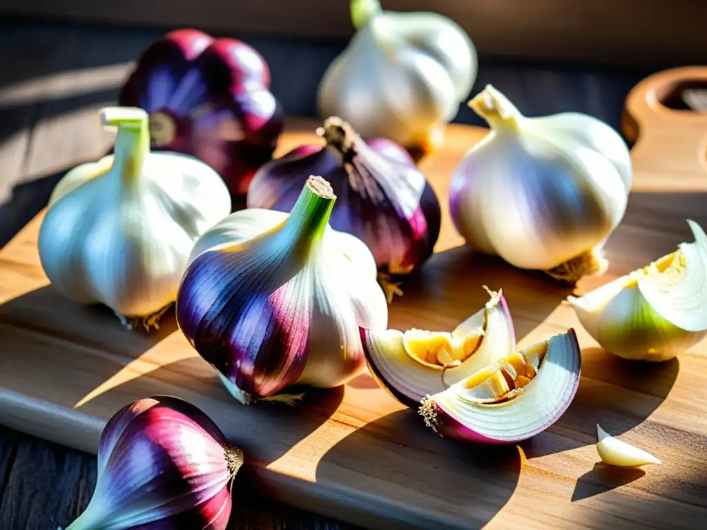 Una composición vibrante de ajo y cebolla en tabla rústica, iluminada por el sol, evocando expertise culinaria