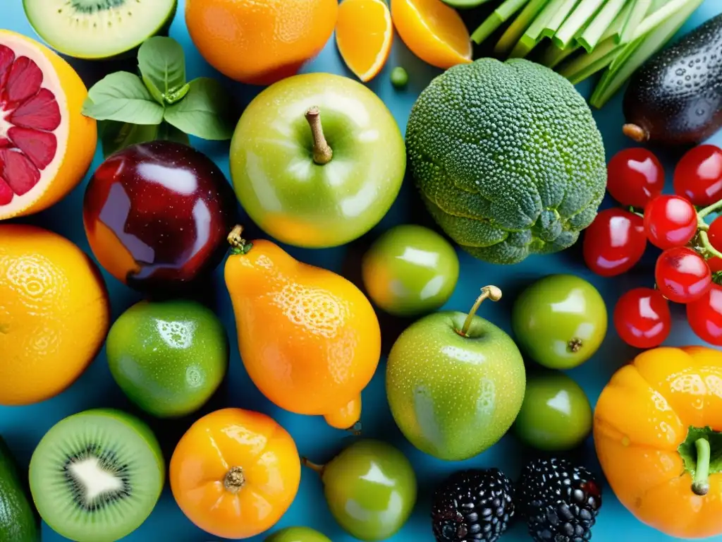 Una composición vibrante de alimentos funcionales para el sistema inmunitario, con frutas y verduras frescas y coloridas, transmitiendo vitalidad y bienestar