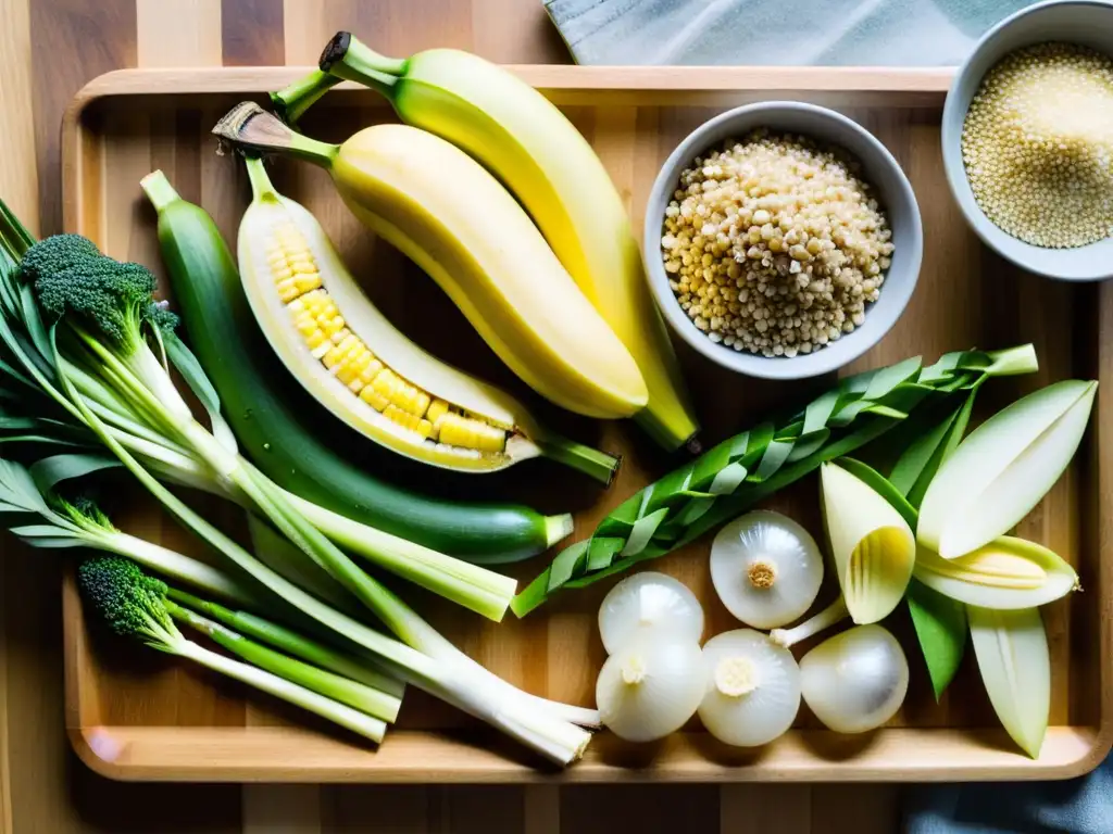 Una composición vibrante de alimentos ricos en prebióticos y cáncer sistema inmunológico, frescos y coloridos, en un tablero de madera