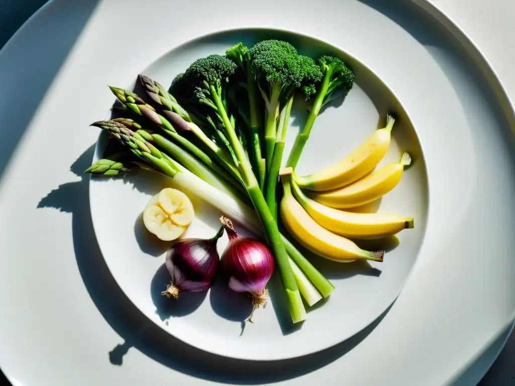 Una composición vibrante de alimentos ricos en prebióticos como cebollas, ajo, plátanos, puerros y espárragos, dispuestos en un plato blanco con iluminación suave