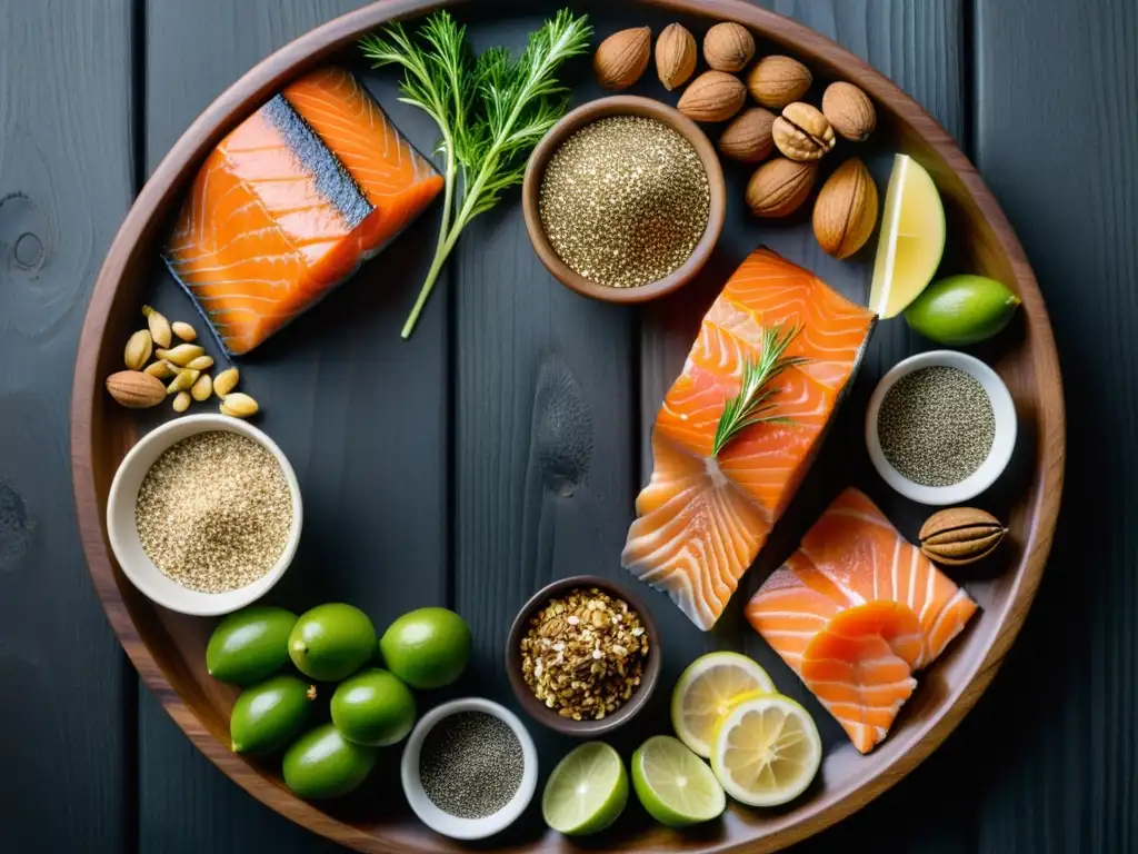 Una composición vibrante de alimentos ricos en omega-3, resaltando su importancia para la salud y la función inmunológica