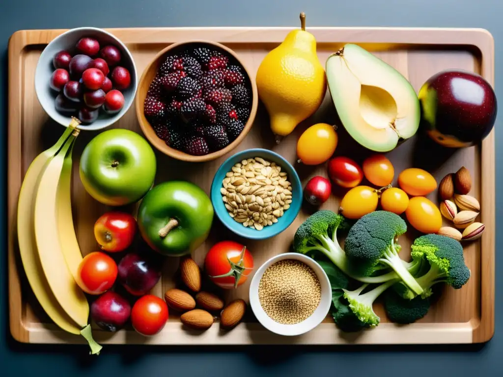 Una composición vibrante y apetitosa de frutas, verduras, frutos secos y granos sobre tabla de cortar