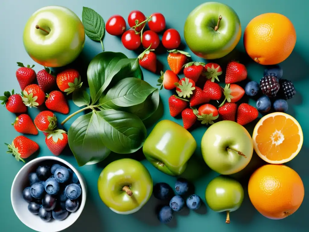 Una composición vibrante y detallada de frutas y verduras frescas, destacando sus colores y texturas