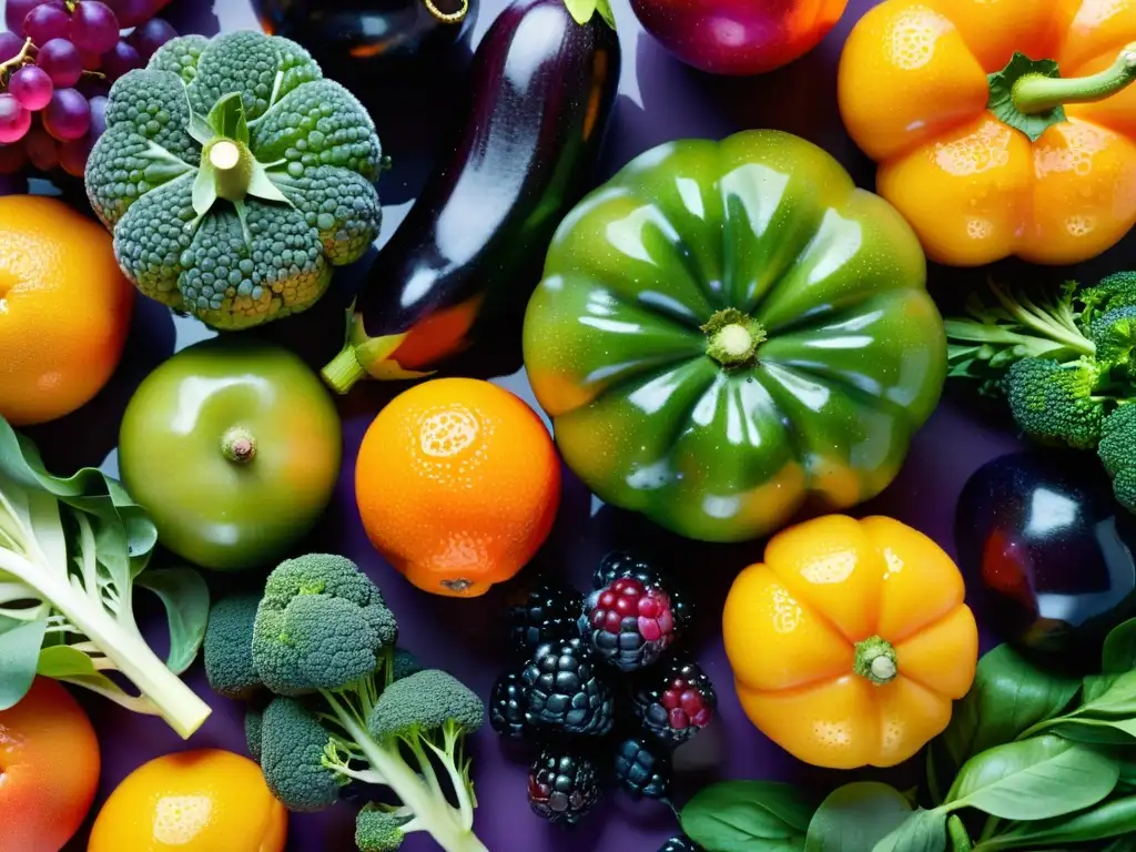 Una composición vibrante y equilibrada de frutas y verduras frescas, con gotas de agua brillantes