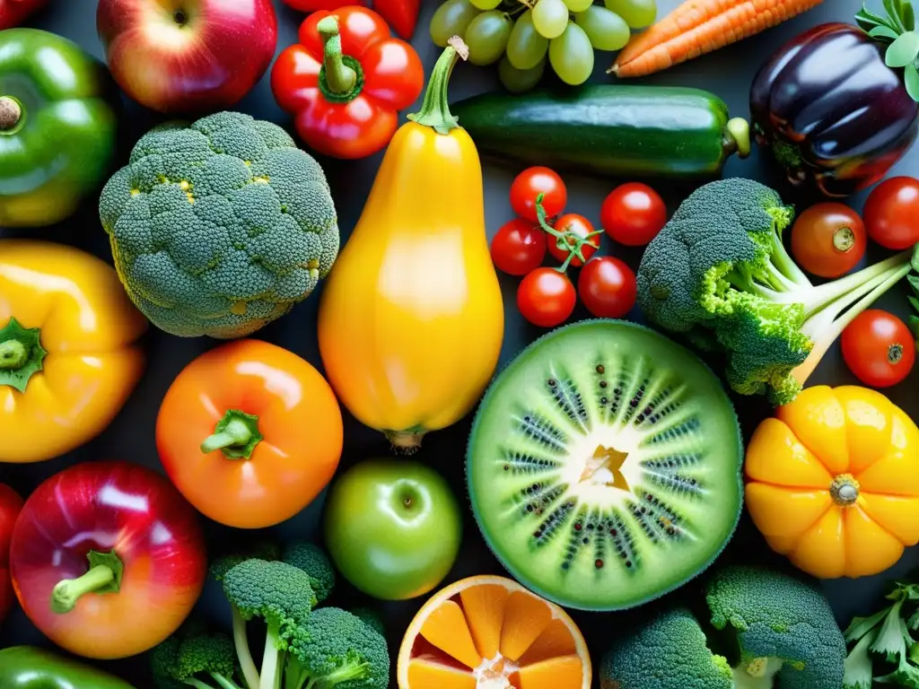 Una composición vibrante y fresca de frutas y verduras, perfecta para asesoramiento nutricional para inmunidad