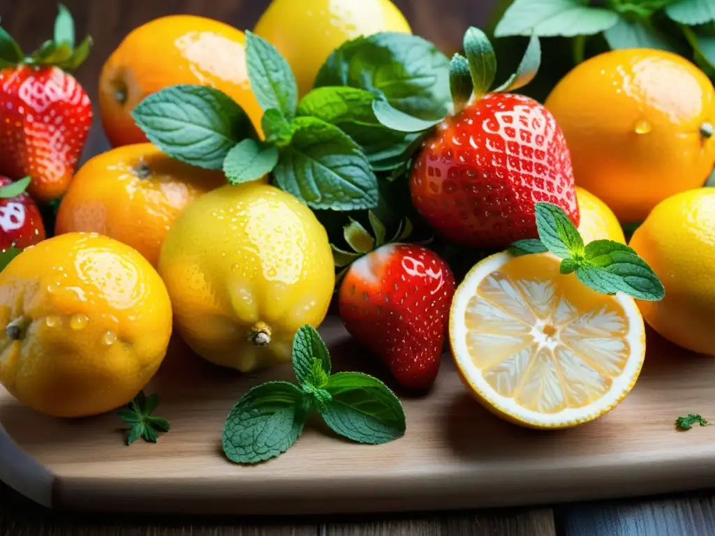 Una composición vibrante de frutas y hierbas frescas, con gotas de agua brillantes