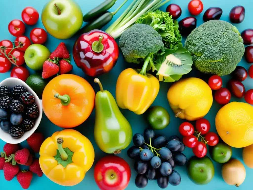 Una composición vibrante de frutas y verduras frescas, reflejando vitalidad y nutrición