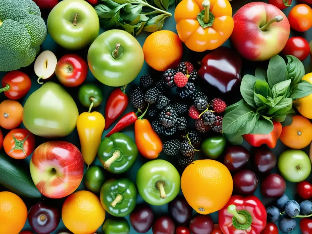 Una composición vibrante de frutas y verduras frescas, destacando su textura y color