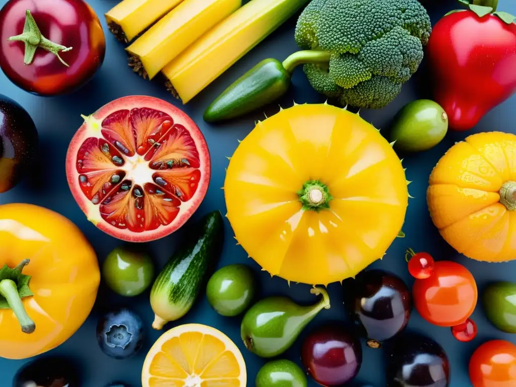 Una composición vibrante de frutas y verduras frescas, goteando agua, evocando vitalidad y nutrición para fortalecer sistema inmunológico