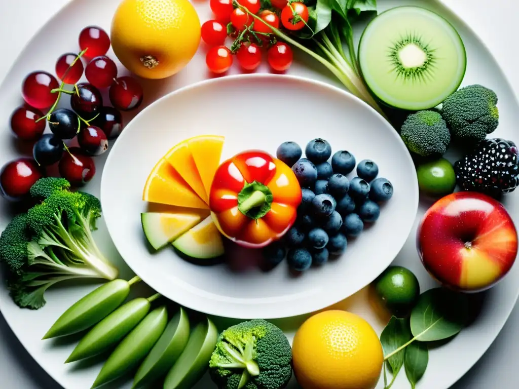 Una composición vibrante de frutas y verduras frescas en un plato blanco, simbolizando la importancia de una dieta diversa y nutritiva para fortalecer el sistema inmunológico