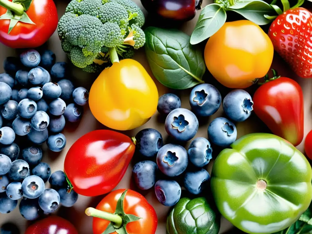 Una composición vibrante de frutas y verduras antioxidantes para sistema inmunológico, resaltando su belleza natural y valor nutricional