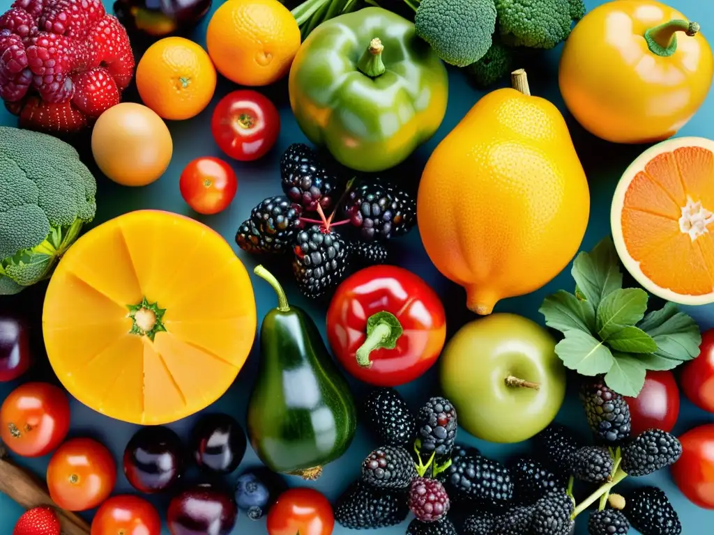 Una composición vibrante de frutas y verduras frescas, destacando la belleza natural de los alimentos