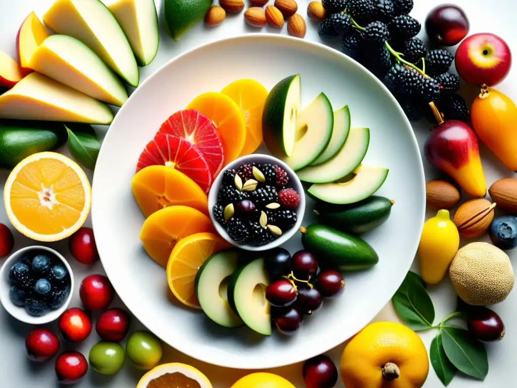 Una composición vibrante de frutas, verduras, frutos secos y semillas en un plato blanco moderno